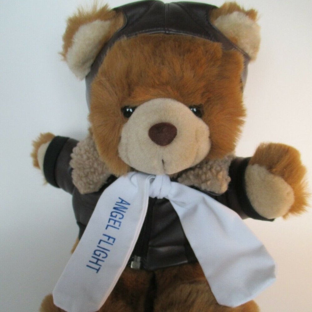 ANGEL FLIGHT Stuffed Plush BROWN AVIATOR Teddy Bear w/ Leather Look JACKET & HAT